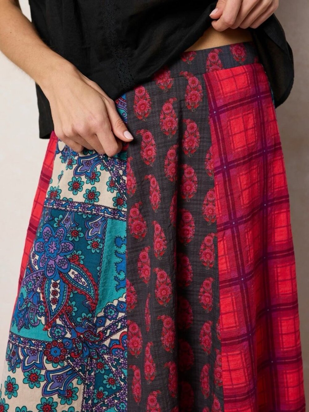 Natural Life Womens Valentina Maxi Skirt Sz Large Boho Plaid Paisley Red Teal - Picture 5 of 6